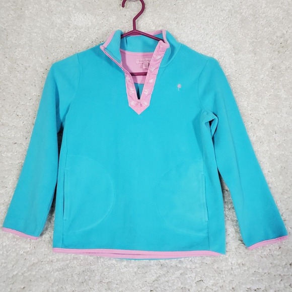 Lilly‎ Pulitzer Girls Fleece Pullover Size 10 Blue Pink Trim Cozy Layer Outdoors - Picture 1 of 10
